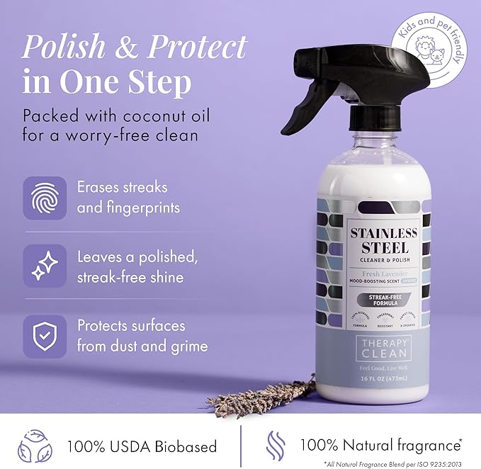 Therapy Stainless Steel Cleaner and Polish 100% USDA Biobased, Fingerprint and Residue Remover, Lavender Essential Oil Scent, Sink Cleaner, Grill Spray