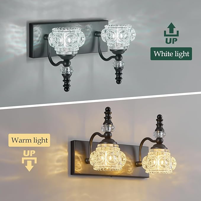 Modern Glass Crystal Bathroom Vanity Light Indoor Wall Lamp Black Vintage Wall Sconces 2-Lights Vanity Lighting Wall Mounted Sconce Wall Lighting