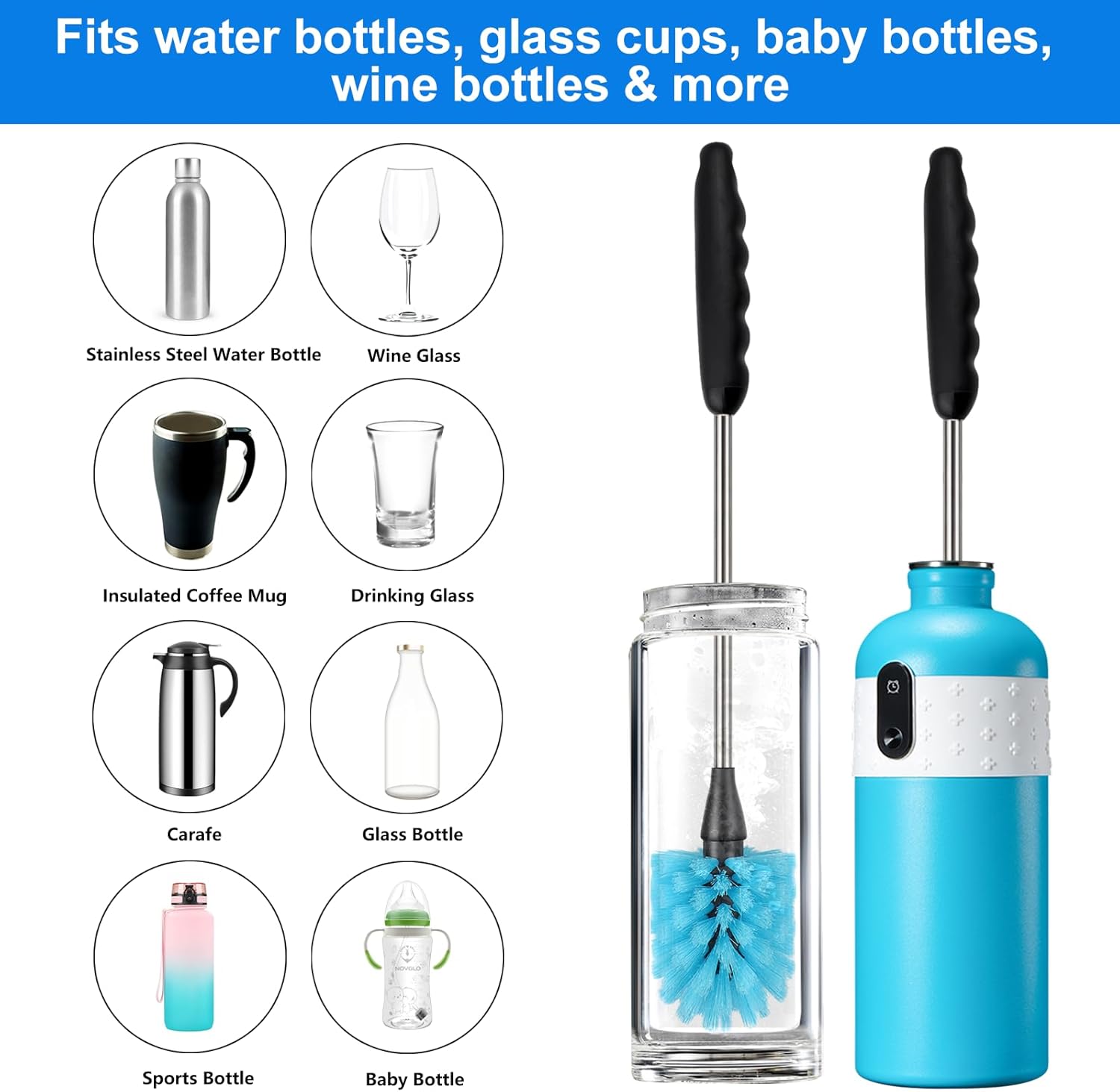 Water Bottle Brush, 15-inch Long, Bottle Brush Cleaner, Bottle Scrubber, Kitchen Scrub Brush Suitable for Water Bottles, Cups, Glasses, Baby Bottles, Wine Glasses, Blue