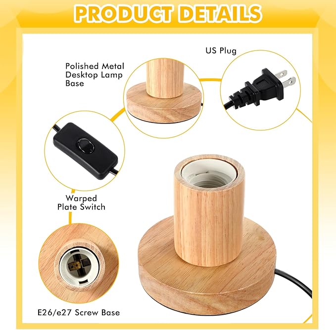 Tuanse 2 Pcs Polished Metal Desktop Lamp Base E26 E27 Screw Light Bulb Holder Sockets Night Light Base Lamp Replacement for Holding Bulb 6 Feet Cord on Off Switch Plug(Wood Color)
