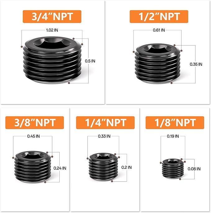 GASHER 25Pcs Carbon Steel Pipe Plug Fitting Internal Hex Thread Socket Pipe Plug Set, 1/8" 1/4" 3/8" 1/2" 3/4" NPT