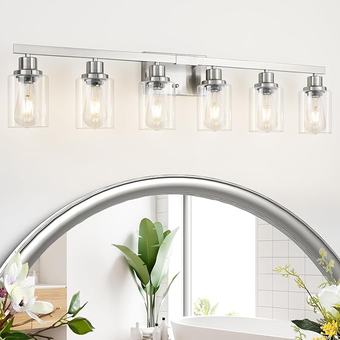 Bathroom Vanity Light, 6-Light Nickel Modern Matte Wall Sconce Lighting with Clear Glass Shade, Wall Lights,Bath Vintage Wall Mounted Lamps for Mirror Bedroom Living Room