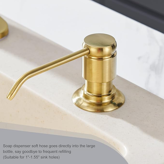 Gagal Kitchen Sink Soap Dispenser (Brushed Gold) and Extension Tube Kit for Kitchen Sink, Complete Brass Head with 40" Silicone Tube Connect to The Bottle Directly, Say Goodbye to Frequent Refills