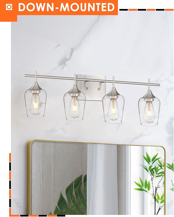 4-Light Bathroom Lighting Fixtures Over Mirror, 24 Inch Brushed Nickel Vanity Lights with Clear Glass, Modern Bath Wall Sconce Lighting for Bathroom, WL9167-4C