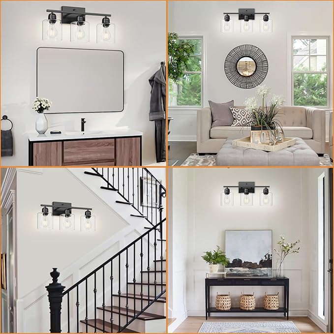 Modern 3 Light Bathroom Light Fixtures, 19 inch Black Vanity Lights for Bathroom with Clear Glass for Mirror Kitchen Living Room Hallway Cabinet Porch