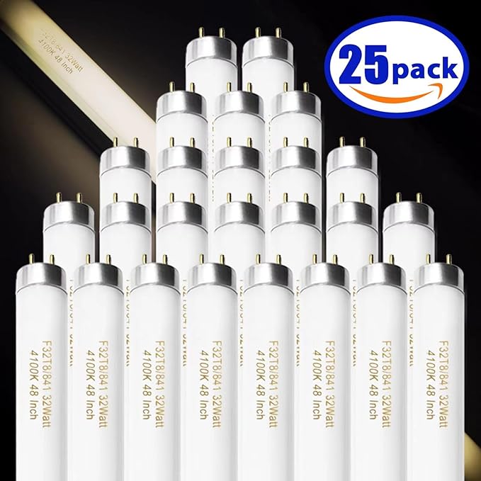 25 Pack F32T8/841 Fluorescent Tube 48 Inch, T8 Fluorescent Light Bulb 4 Foot 32 Watt 4100K Cool White 2600 Lumens G13 Base