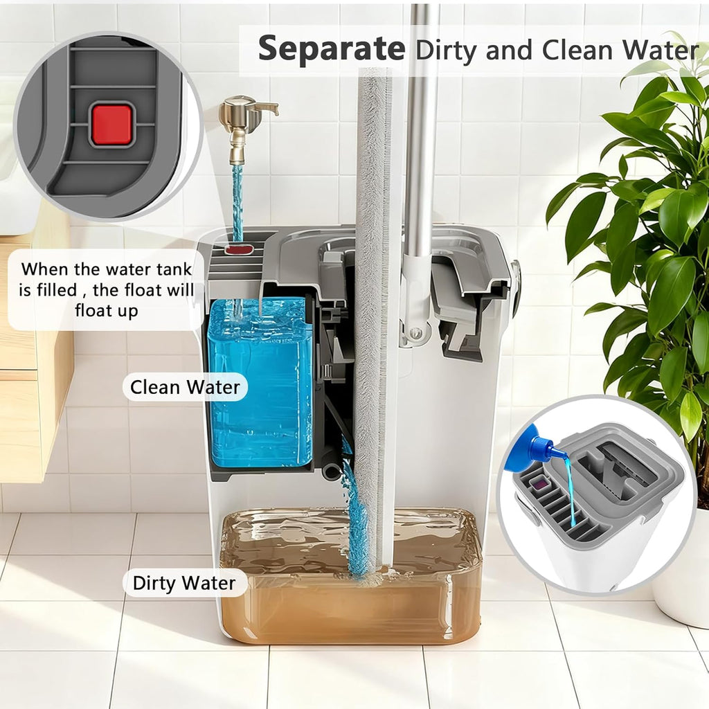 Mop and Bucket Set, Flat Mop and Bucket System with Wringer, Automatic Separates Dirty and Clean Water Include 6 Reusable Microfiber Mops for Floor Cleaning