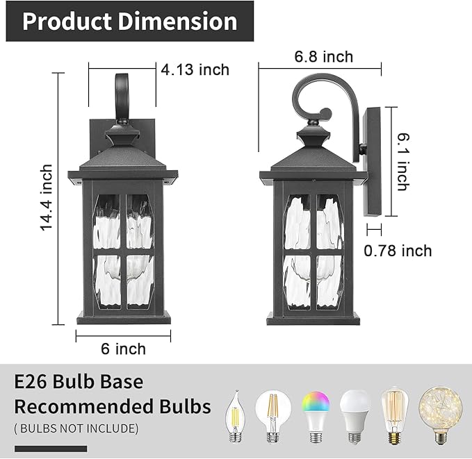 Darkaway Outdoor Light Fixtures Wall Mount, 2pcs Outside Wall Lights Exterior Lighting Fixture with Water Ripple Glass Outdoor Wall Sconce for House Porch Hallway Garage Front Door