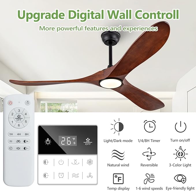 60 Inch Ceiling Fan with Lights,3CCT,Dimmable Mordern Wood Ceiling Fan with Remote for Indoor Farmhouse Bedroom Living Room Outdoor Patio Porch, Reversible DC Motor, Noiseless,Dark Walnut