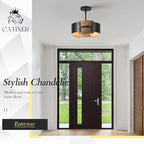 Industrial Drum Chandeliers, Modern Black Metal Pendant Lighting Walnut Wood Grain 4-Ligth Semi Flush Mount Chandelier 12" for Foyer Entryway Kitchen Hallway Dining Room