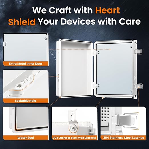 QILIPSU Waterproof Junction Box IP67 Outdoor Plastic Electrical Project Enclosure Weatherproof with Inner Door, Mounting Plate, Wall Brackets, Hinged Grey Cover 14.6"x10.6"x5.9" -D