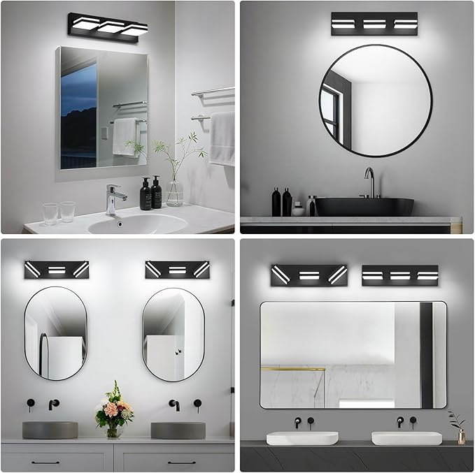 Modern LED Bathroom Lights Fixtures(3-Light),Metal Black Acrylic Wall Lighting,Vanity Lights for Bathroom Over Mirror(6000k 16In