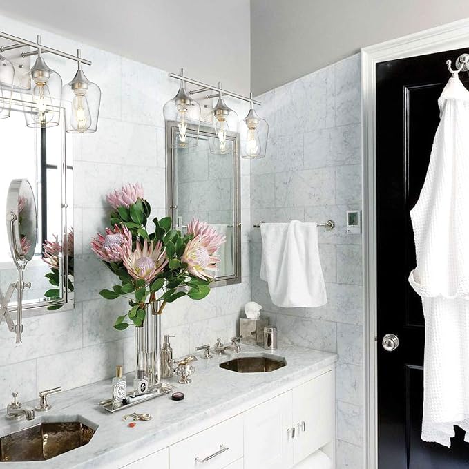 3 Light Bathroom Light Fixtures Over Mirror, 21 Inch Brushed Nickel Bathroom Vanity Lights, Modern Farmhouse Bath Wall Sconces with Clear Glass Shade, WL9167-3C