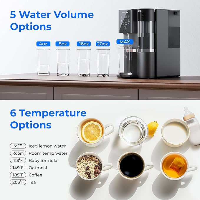 Waterdrop WD-A2 Countertop Reverse Osmosis System, Hot and Cold RO System, Portable Pure Water Tank, Bottleless Water Cooler, 6 Temperature Settings, Hot Cold Room Water, 3:1 Pure to Drain