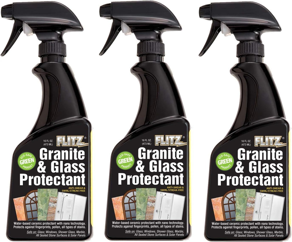Flitz Granite & Glass Protectant - 16oz Bottle of USA-Made Granite Sealer and Glass Countertop Protector - Cleans & Prevents Liquid, Stains, & Others - Also Works on Marble & All Metals (3 Pack)