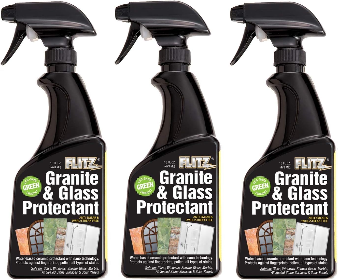 Flitz Granite & Glass Protectant - 16oz Bottle of USA-Made Granite Sealer and Glass Countertop Protector - Cleans & Prevents Liquid, Stains, & Others - Also Works on Marble & All Metals (3 Pack)