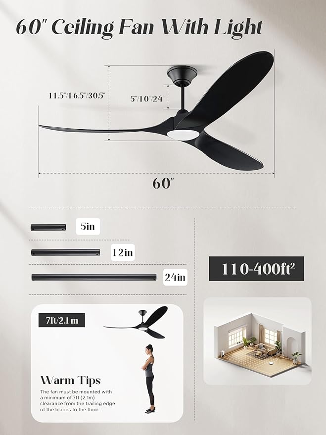 60 inch Outdoor Ceiling Fan for Patios with Light, Black Ceiling Fan with Light, Large Airflow 3 Reversible Solid Wood Blades, DC Motor, Damp Rated Ceiling Fans for Famhouse Exterior Porch