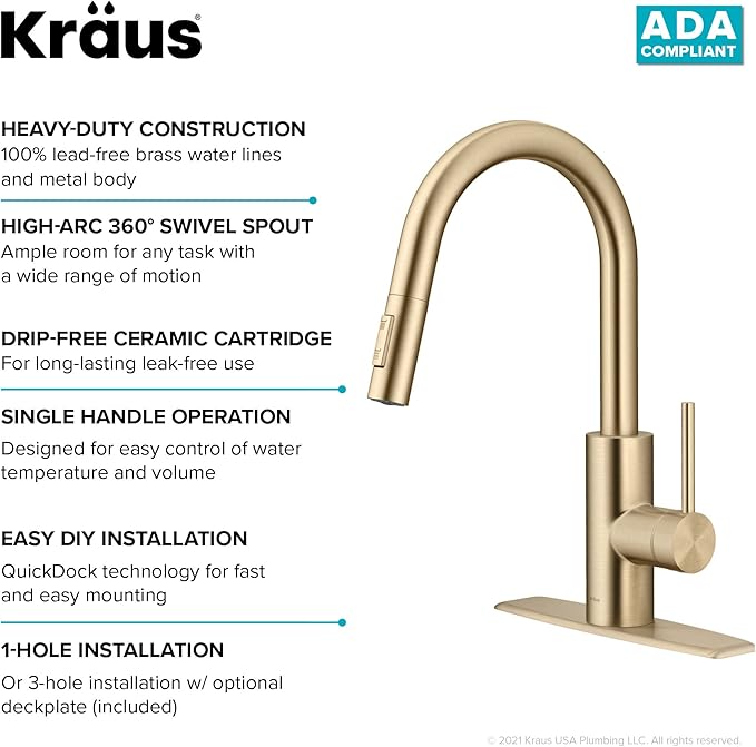 KRAUS Oletto Single Handle Pull Down Kitchen Faucet with QuickDock Top Mount Installation Assembly in Spot Free Antique Champagne Bronze, KPF-2620SFACB
