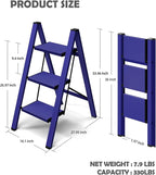 Taranta 3 Step Ladder,Aluminum Lightweight Folding 3 Step Stool with Anti-Slip Wide Pedal,330lbs Capacity Step Ladder for Household,Kitchen,Office - Blue