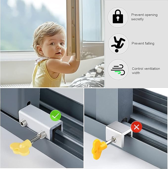 Window Locks, 8 Sets Sliding Security Window Lock with Key for Vertical & Horizontal Sliding Windows & Sliding Doors, Adjustable Window Locks Security Window Stoppers for Patio Bedroom Home and Office