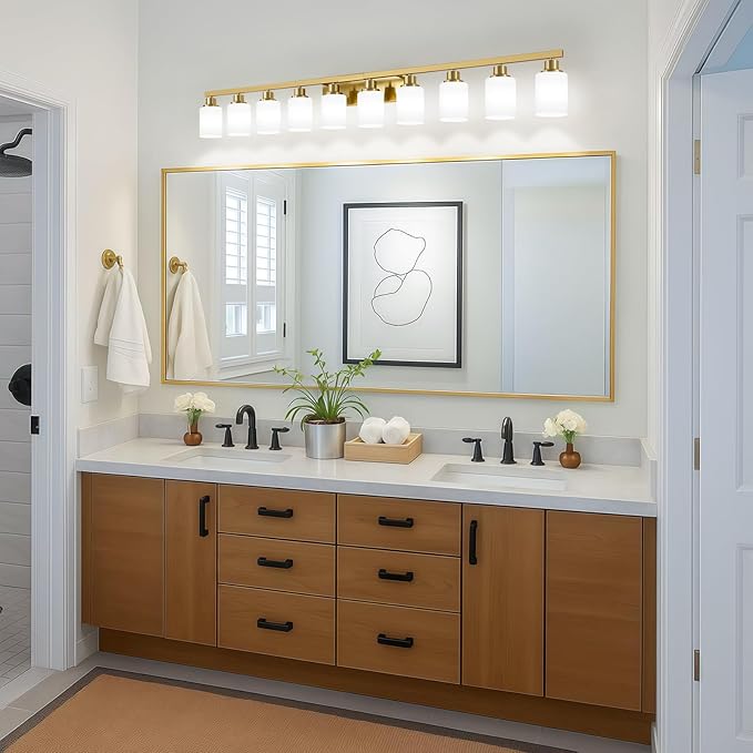 Gold Bathroom Vanity Light,10-Light Brushed Gold Bathroom Light Fixtures with White Frosted Glass,64.5in Wall Lamp Sconces for Mirror Bedroom,Living Room Hallway,E26