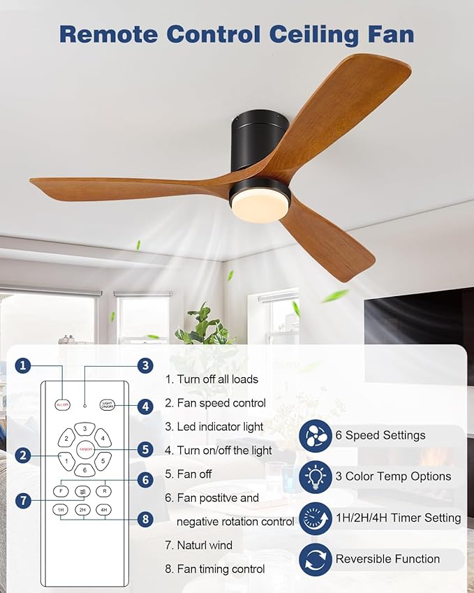 60 Inch Ceiling Fans with Lights Remote, 60" Flush Mount Outdoor Ceiling Fan Exterior Ceiling Fan, 3 Wood Blades, 6 Speeds, Timer, Quiet DC Motor Modern Low Profile Fans for Patio Porch