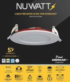 NUWATT 2 Hour Fire Rated Recessed Lighting 4 Inch Wafer LED Lights, 2700K/3000K/3500K/4000K/5000K Selectable, 12W, Dimmable 900LM, Wet & IC Rated, 90 CRI Canless Light, ETL, No Tenmat Needed, 6 Pack