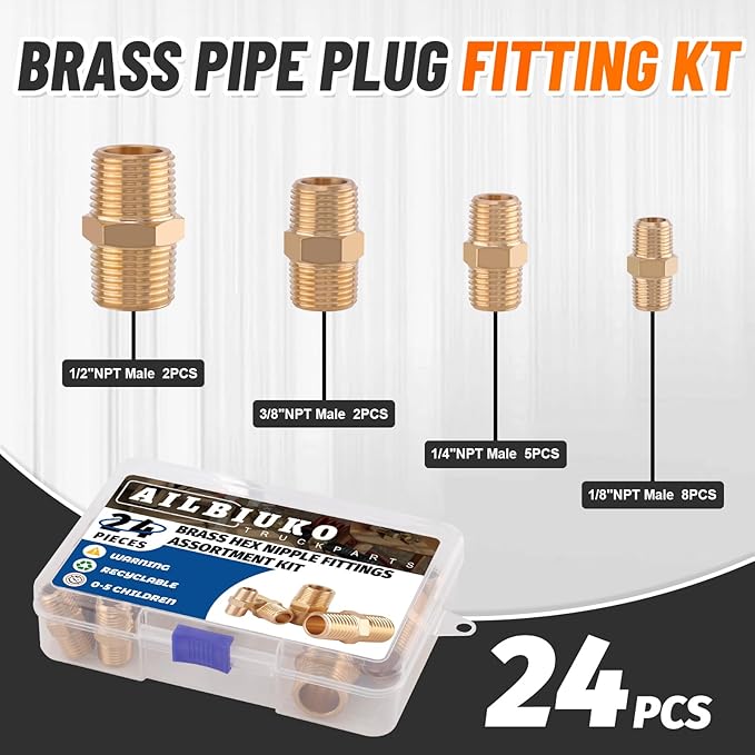 24Pcs Brass Pipe Fittings,1/8" x 1/8",1/4" x 1/4",3/8" x 3/8",1/2" x1/2" NPT Male Hex Nipple Pipe Extension Reducer Nipple Adapter