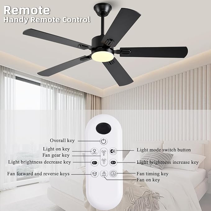 56 inch Black Ceiling Fans with Lights and Remote/App Control, DC Reversible Motor, Noiseless, Dimmable, 6 Speeds Low Profile Modern Ceiling Fan for Livingroom, Indoor/Outdoor Use