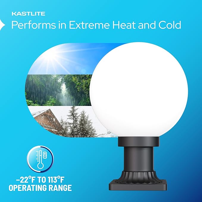 KastLite 590nm Amber LED Pier Mount Globe Light - Sea Turtle Friendly Outdoor Fixture - 7.5W Wildlife Safe Lighting for Coastal Porch Garden & Dock Use - Made in USA - Clear Acrylic Lens, Black Base