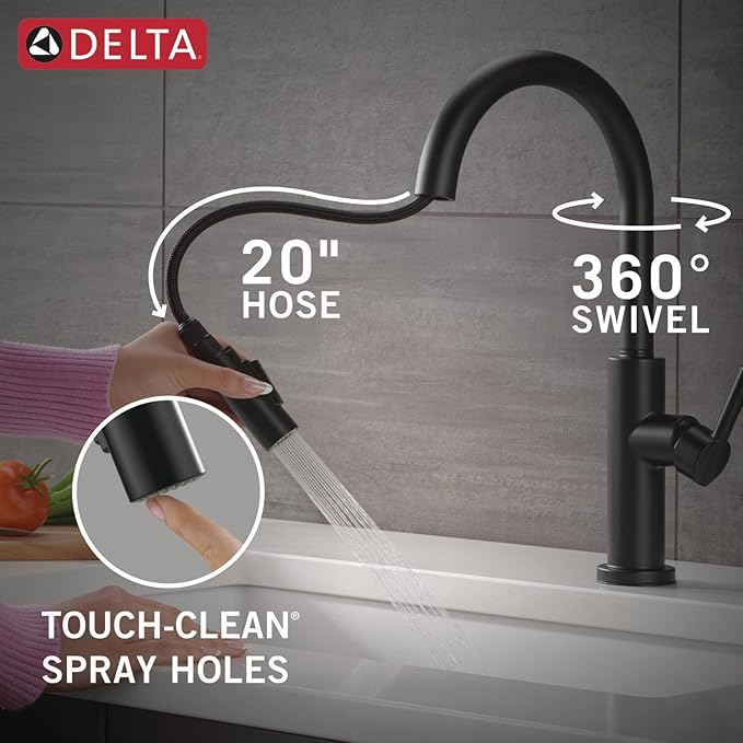 Delta Nicoli Matte Black Kitchen Faucet with Pull Down Sprayer, Bridge 3 Hole Modern Kitchen Sink Faucet, Two-Handle, Matte Black 19867LF-BL