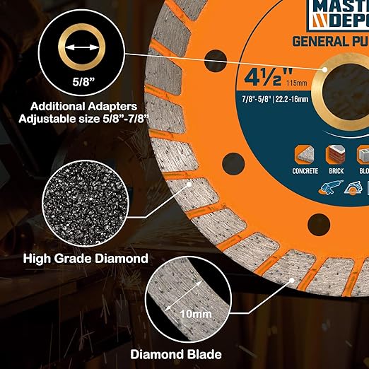 4-1/2 Inch Diamond Cutting Blade, Turbo Rim for Angle Grinder Circular Saw Cutter Wheel Dry Wet for Masonry/Concrete/Brick/Stone, 7/8"-5/8" Arbor (115mm, 3 PCS)