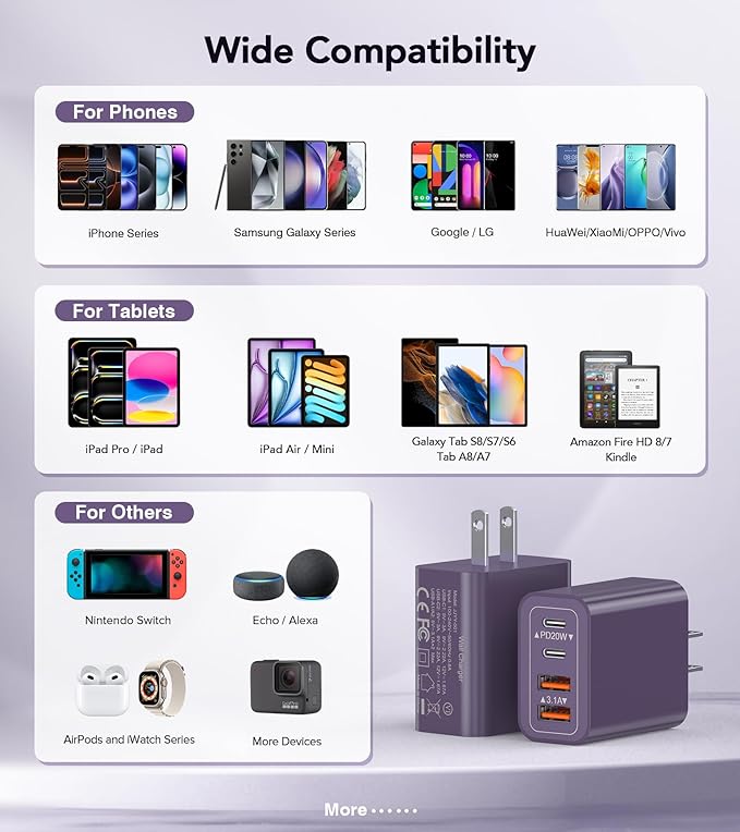 [2Pack] 40W USB C Plug,4-Port Fast Charger Block PD+QC 4 Port Charger Cube Wall Charging Box Brick for Samsung Galaxy S22/S21+/S21 Ultra,Magsafe Wireless Charger,iPhone 17/16/16 Pro Max/15/14(Purple)