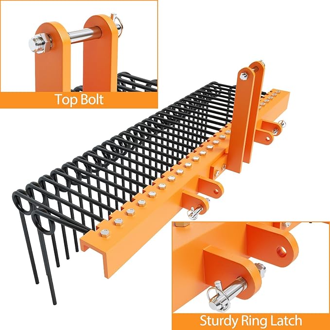 72 Inch 3 Point Tractor Rake, Pine Straw Needle Rake, Durable Powder Coated Steel Spring Landscape Rakes Fit for Cat0, Cat1, Orange