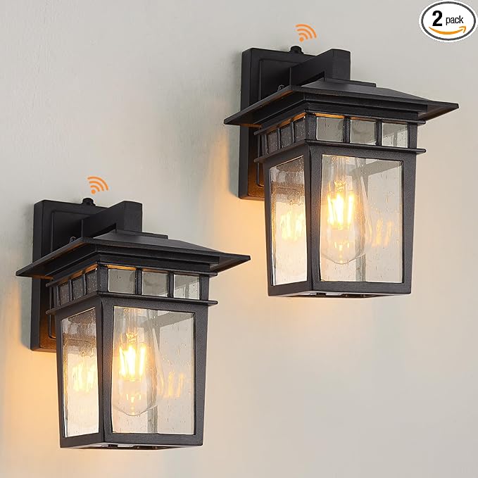 Outdoor Wall Lantern, Exterior Lighting Fixtures Wall Mount, 2 Pack Black Outdoor Sconce with Seeded Glass, Dusk to Dawn Exterior Porch/Patio Lights for House Front Door Garage
