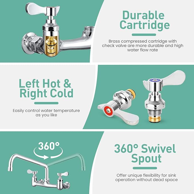 Wall Mount Commercial Sink Faucet with 12” Swivel Spout, 8" Center Wall Mount Kitchen Faucet, Dual Handles Brass Utility Sink Faucet for Laundry Room Restaurant