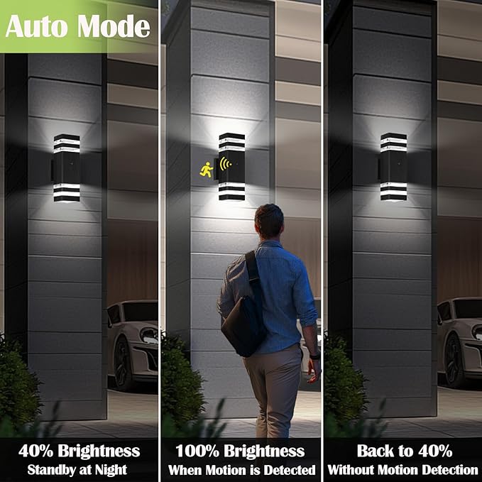 Motion Sensor Outdoor Lights for House, Porch Lights Outdoor Wall Lights Dusk to Dawn, IP65 Waterproof Exterior Lighting Fixtures, Black Aluminum Square Up and Down Lights Modern Wall Sconces 1 Pack