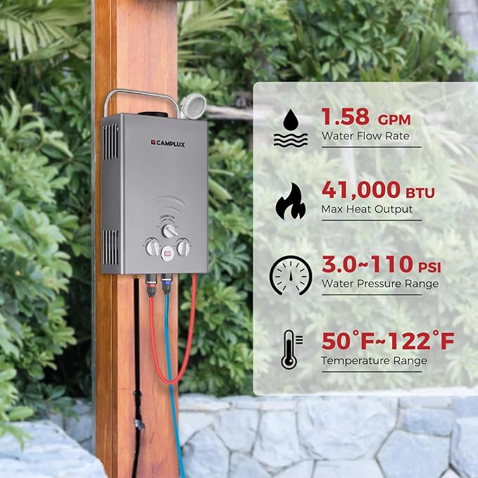 CAMPLUX Portable Water Heater 1.58 GPM, BW158G Propane Water Heater Outdoor, 41,000 BTU, Camping Shower, Easy to Install, Gray