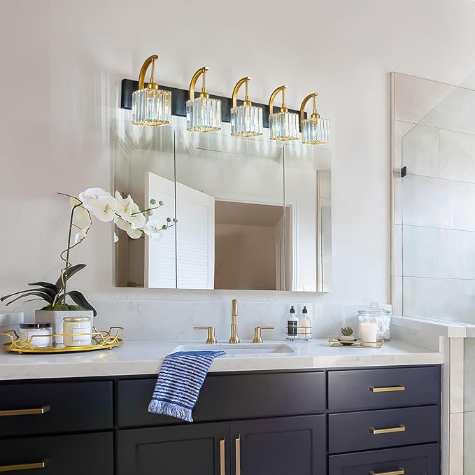 Crystal Vanity Lights 5-Light Black Gold Bathroom Vanity Lights Modern Crystal Bathroom Light Fixtures Over Mirror 42.51" Long Vanity Light for Bathroom