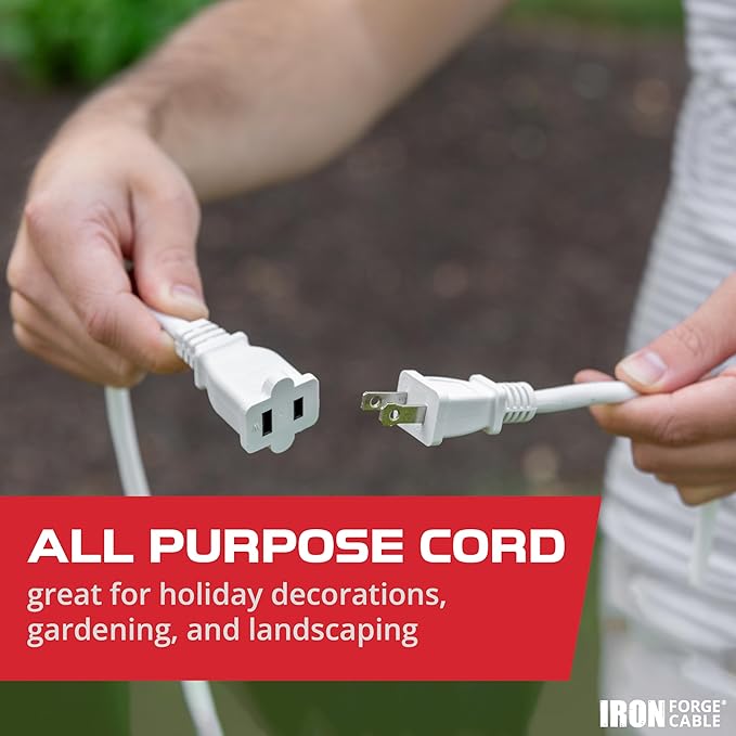 Iron Forge Cable 2 Prong Outdoor Extension Cord 50 ft, 16/2 SJTW 50 Foot White Extension Cord, Weatherproof - Great for Outdoor Lights, Deck, Patio