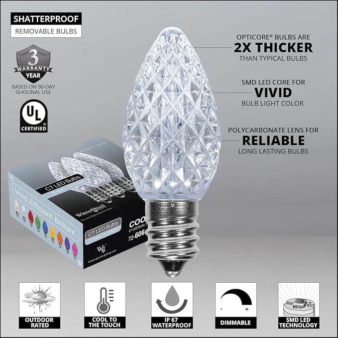 Wintergreen Lighting 25 Pack OptiCore C7 LED Christmas Light Bulbs - Replacement LED Christmas Lights Heavy Duty Premium Outdoor Christmas Lights, E12 Base (Cool White Faceted)
