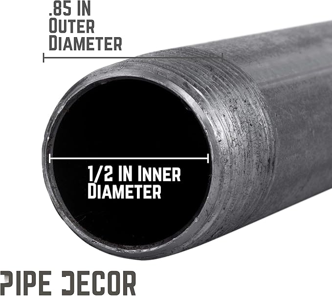 PIPE DÉCOR 1/2” x 42” Malleable Cast Iron Pipe Nipple, Pre-Cut Connectors, Industrial Steel Grey Fits Standard Half Inch Black Threaded Pipes Nipples and Fittings, Build Vintage DIY Furniture, 4 Pack