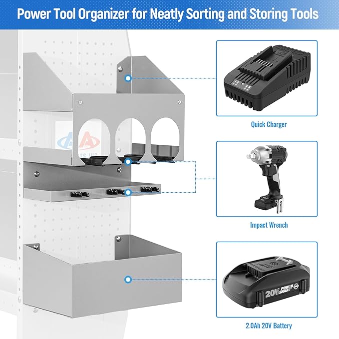 AA Products P-SH-Power Tool Organizer Wall Mount Designed for 13''D Van Shelving Storage, Three Layer 13" W Steel Power Tool Charging Station Organizer
