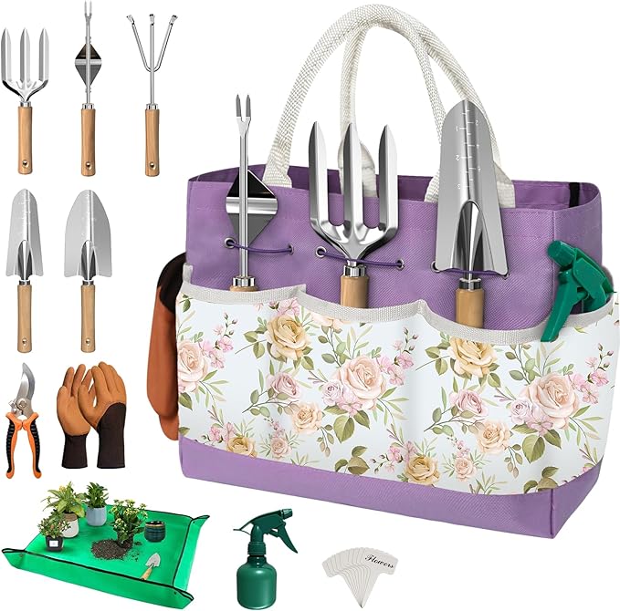 22Pcs Gardening Tools Set for Women Heavy Duty Garden Hand Tool Kit Gifts for Mom Gardener Beginner Gardening Accessories with Large Tote Bag/Shovel/Repotting Mat/Plant Labels/Gloves