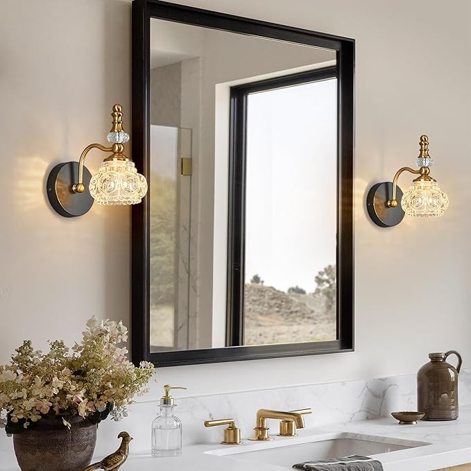 Modern Wall Sconces Set of Two Black Gold Vintage Indoor Glass Wall Lamp Bathroom Vanity Light Fixture Wall Mounted Room Sconce Wall Lighting