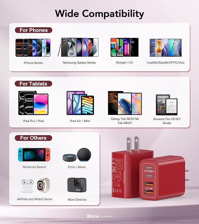 40W USB C Wall Charger, 2-Pack Super Fast Charging Block PD+QC 4 Port Charger Cube for iPhone 17/16,iPad Pro/Mini/Air, iPod Nano, iPod Touch, Switch, Smart Phone, Smartwatches and Tablet(Red)