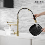 Brushed Gold Kitchen Faucet with Pull Down Sprayer, AIMADI Commercial Gold Kitchen Sink Faucet Single Handle Spring Two Nozzles Faucets