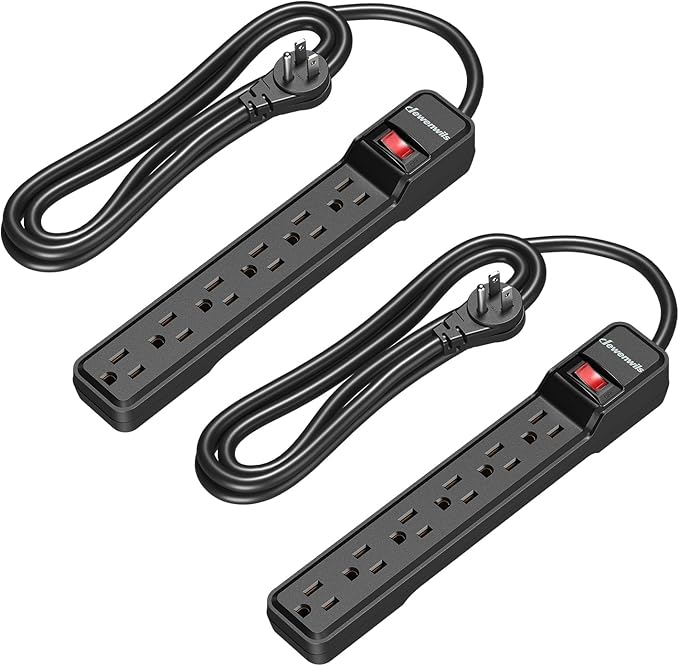 DEWENWILS 2-Pack 6-Outlet Power Strip Surge Protector, 6Ft Long Extension Cord, UL Listed, Low Profile Flat Plug, 15 Amp Circuit Breaker, 500 Joules, Wall Mount, Black