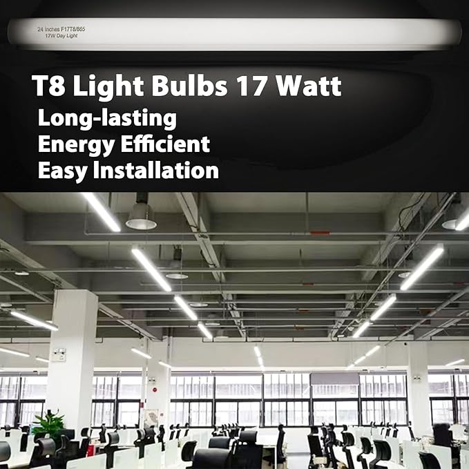 24 Inch F17T8/865 Fluorescent Bulb Daylight 6500K, 17 Watt T8 Light Bulb, 2 Foot Fluorescent Light Bulb, 1460 lumens, G13 Medium Bi-Pin Cap 8 Pack
