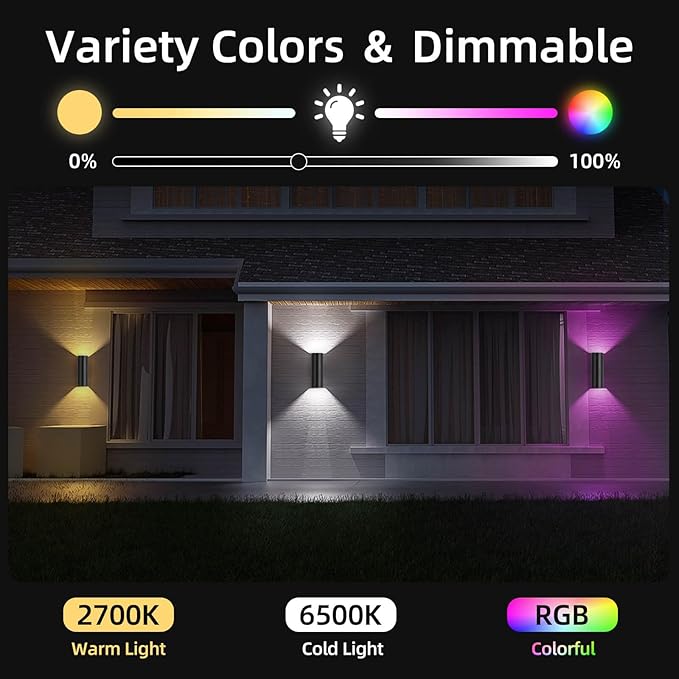 SHIMR Modern Outdoor Wall Lights Color Changing, RGBCW Smart Outdoor Lights with Remote Control, Waterproof Antirust Black Aluminum Exterior Lighting Fixtures Up and Down Lights [ETL Listed]